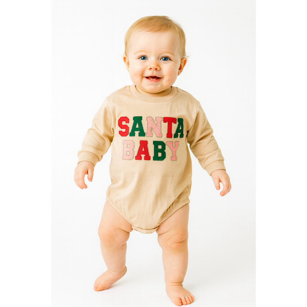 Unisex Baby Long Sleeve “Santa Baby” Christmas Bodysuit – Beige – NWOT